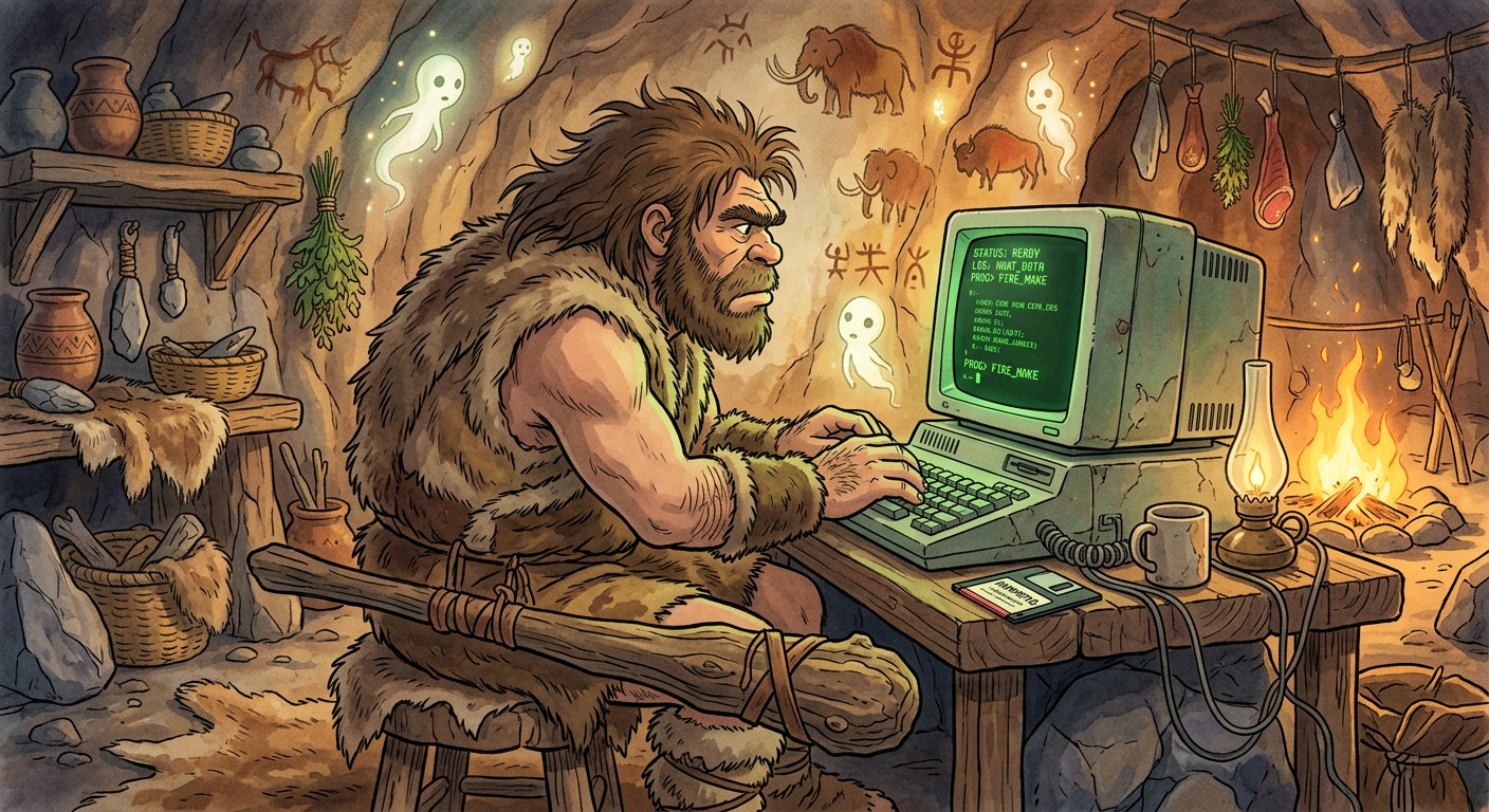 A caveman using a retro computer in a cave