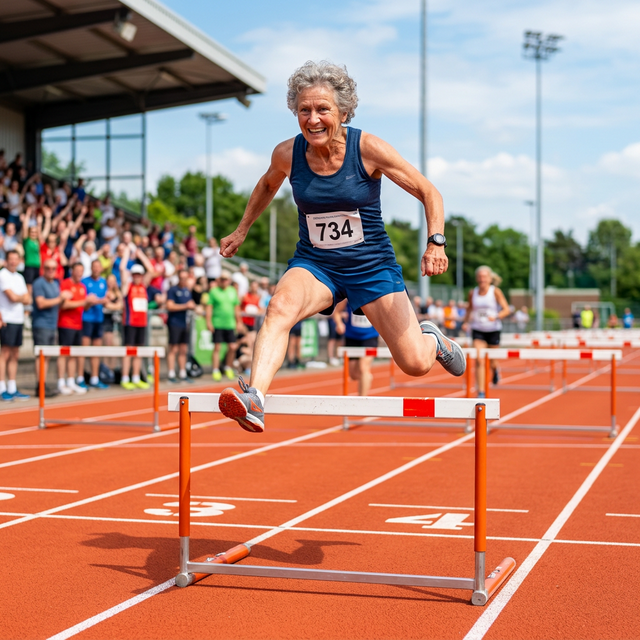Elderly woman running hurdles