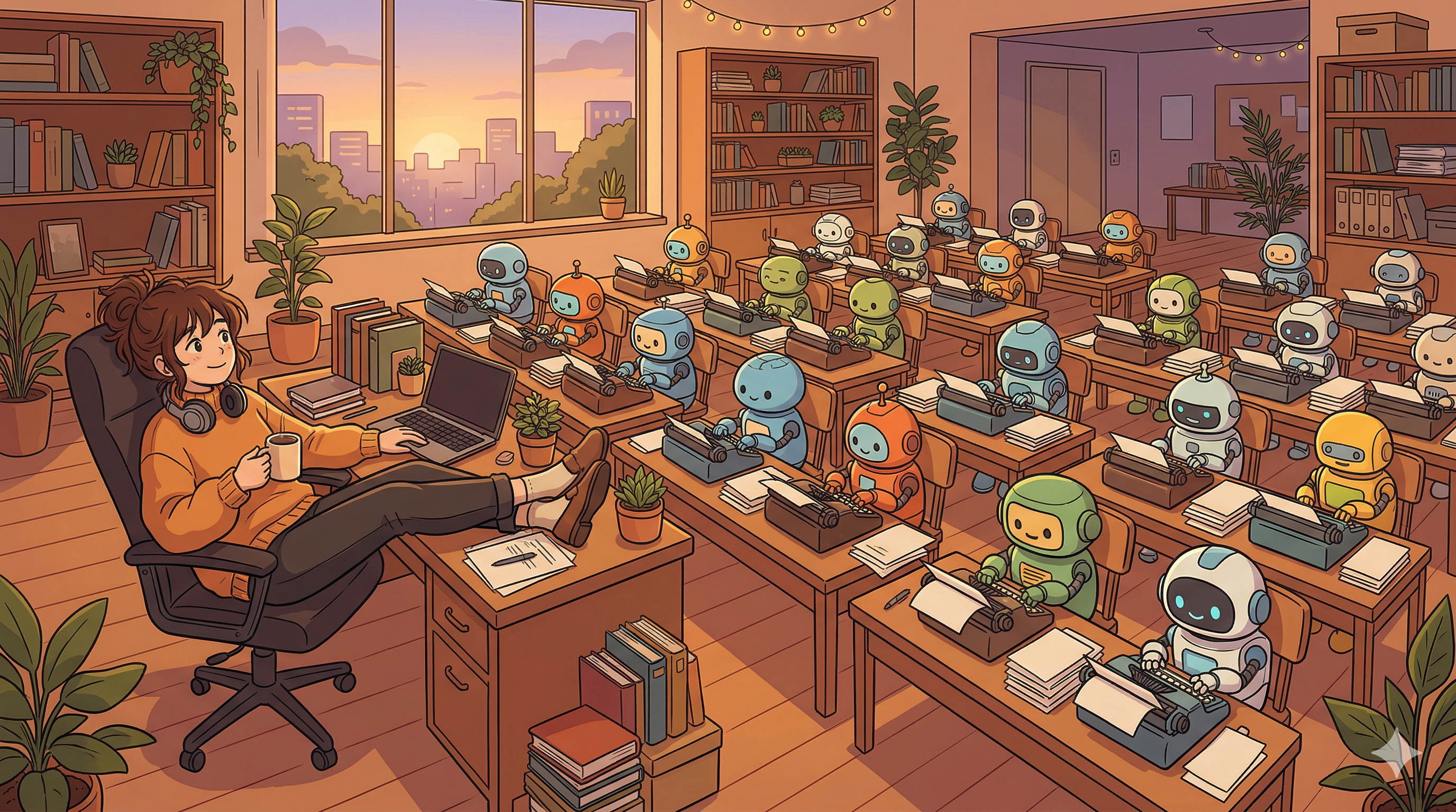 A relaxed worker with feet up while robots type away in the background